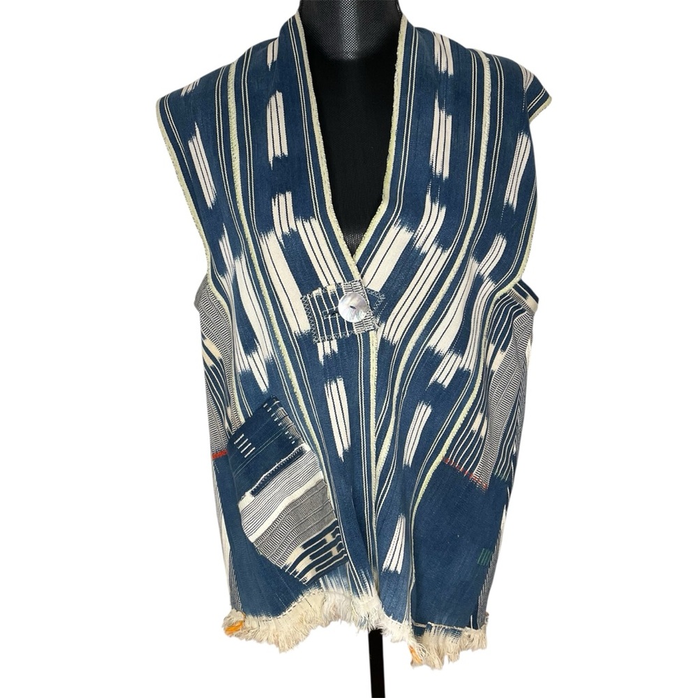 Holly Badgley Vest Striped Boho Fringe Ikat Textile Blue White Pattern Large